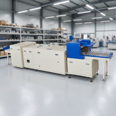 Línea automática HX480P para alimentación de cubiertas, costura, recorte plegable de tres lados